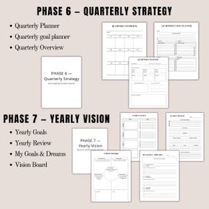 May include: A collection of white paper planner pages with black text. The pages are organized into sections for quarterly strategy and yearly vision, including goal planning, overviews, and vision boards. The text includes "Quarterly Planner" and "Yearly Goals".