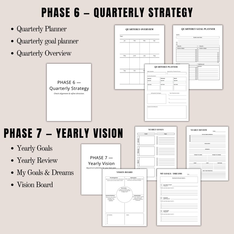 May include: A collection of white paper planner pages with black text. The pages are organized into sections for quarterly strategy and yearly vision, including goal planning, overviews, and vision boards. The text includes "Quarterly Planner" and "Yearly Goals".
