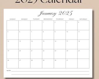 2025 Calendar 2025 Monthly Planner Monthly Calendar 2025 A4 Letter Size Wall Calendar PRINTABLE PDF Calendar with Notes