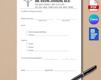 Excusa médica editable para el trabajo, plantilla de nota médica, formulario de carta de excusa médica, excusa escolar. Imprimible, Word, PDF.