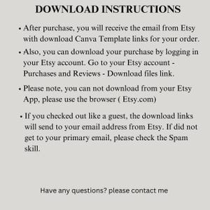 May include: A beige graphic with black text that reads "DOWNLOAD INSTRUCTIONS." The text provides instructions on how to download files from Etsy after purchase, including using the Etsy website and checking email.