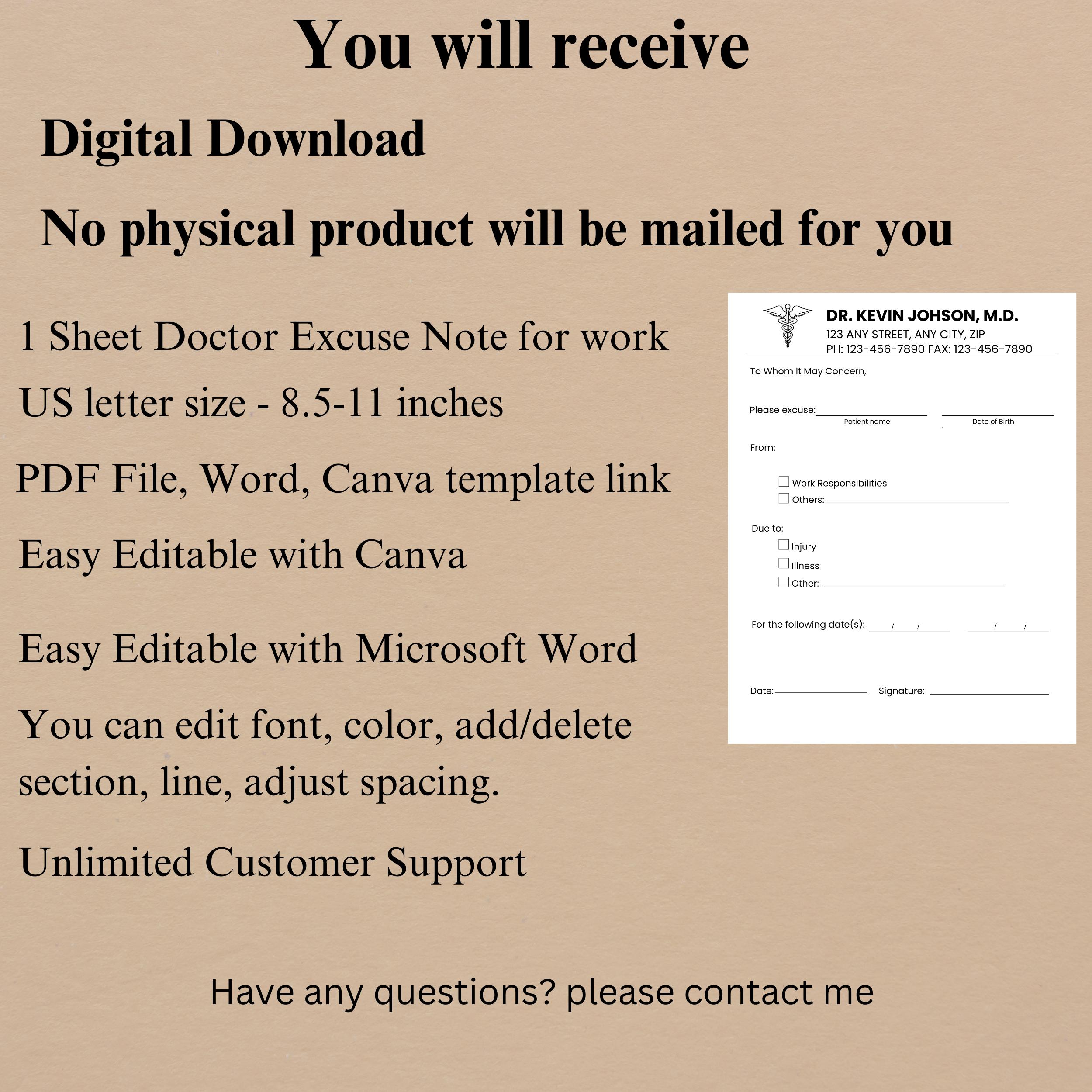 Editable Doctor Excuse Note for Work, Doctor's Note Template, Doctor ...