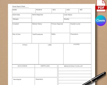 Editable Nurse Report Sheet, ICU Nursing Report Sheet, Nurse Handoff Report Sheet, Patient Report for New Grad, Canva, PDF