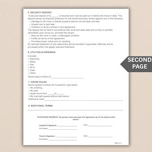 May include: A white document with text detailing a security deposit, utilities, house rules, and additional terms. The document includes sections for signatures and dates, labeled "Page 2 of 2". A gray arrow points to the words "SECOND PAGE".
