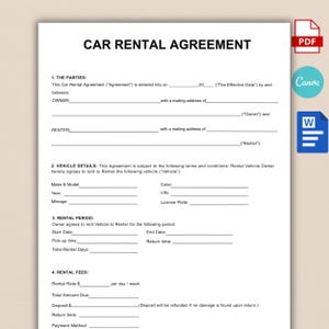 Minimalist Car Rental Contract Template, Car Rental Agreement, Editable Vehicle Lease Form, Printable Car Lease Agreement, PDF, Word, Canva