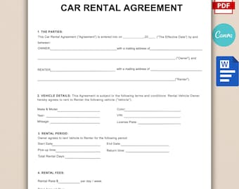 Minimalist Car Rental Contract Template, Car Rental Agreement, Editable Vehicle Lease Form, Printable Car Lease Agreement, PDF, Word, Canva