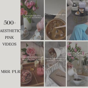 May include: A collage of aesthetic pink videos with text overlay. The text includes "500+ Aesthetic Pink Videos" and phrases like "Mistakes I made when (TARGET AUDIENCE)" and "Here's how we (DESIRED RESULT)". The image features flowers, coffee, and other lifestyle elements.