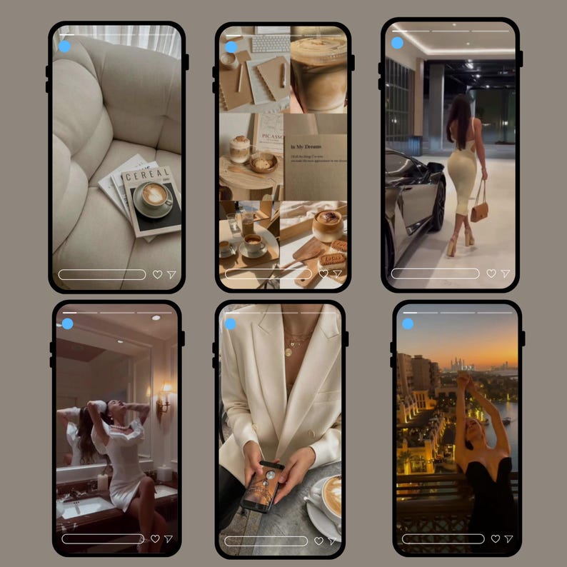 May include: A collage of six smartphone screens displaying aesthetic lifestyle images. Scenes include a cozy living room with a coffee and magazine, a coffee shop, a woman in a dress, a bathroom, a woman in a blazer, and a sunset view.