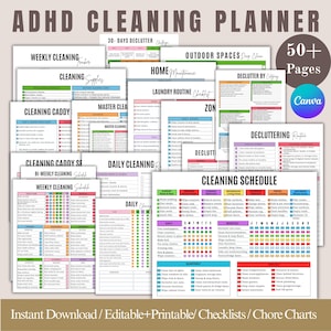 May include: A collection of printable ADHD cleaning planners with various checklists and chore charts. The pages include sections for weekly, daily, and monthly cleaning schedules, decluttering routines, and home maintenance tasks. The design is colorful and organized.