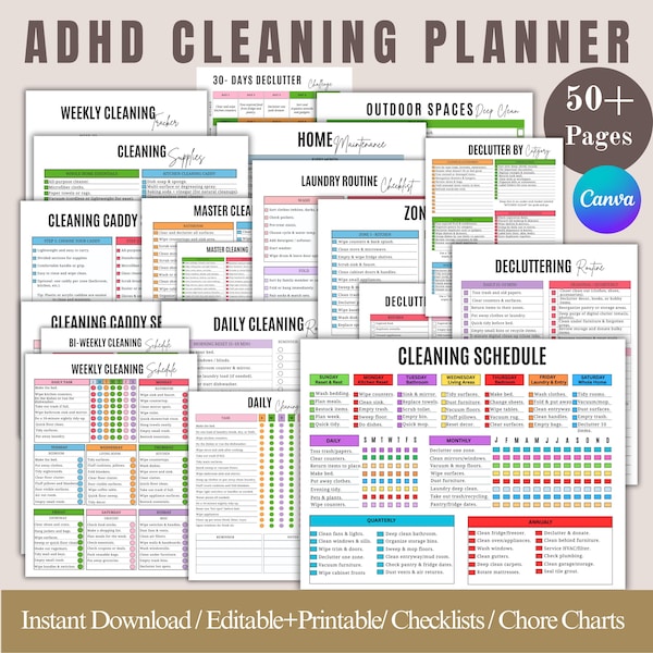 ADHD Cleaning Planner Bundle, ADHD Cleaning Checklist, ADHD Chore Chart, Home Cleaning Schedule, Family Chore Chart, Declutter, Editable Pdf
