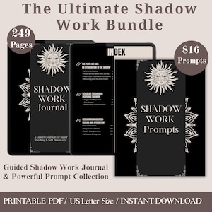 May include: A digital download bundle, "The Ultimate Shadow Work Bundle," featuring a journal and prompts. The journal has 249 pages, and the prompts collection has 816 prompts. The design is black with a sun graphic and the words "Shadow Work."