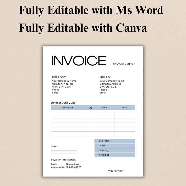 Editable Invoice Template, Custom Invoice Form, Invoice Template for ...