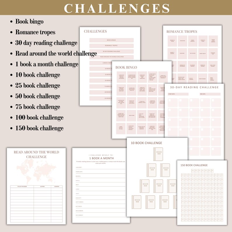 Study Challenge Books Printable Book Reading Planner, Reading Challenge, Book Review Log Book ...