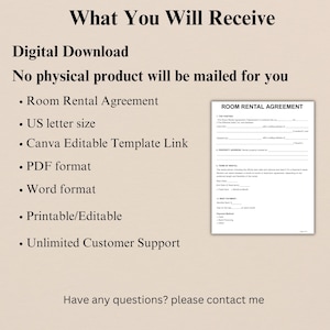 May include: A digital download graphic with the text "What You Will Receive" and a list of features, including a Room Rental Agreement, US letter size, Canva Editable Template Link, PDF format, Word format, Printable/Editable, and Unlimited Customer Support.