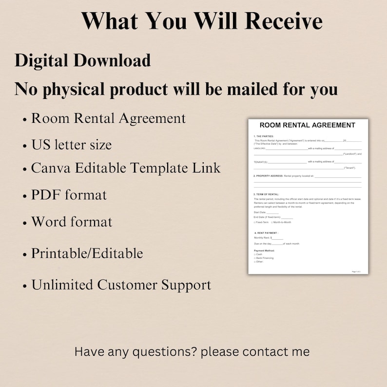 May include: A digital download graphic with the text "What You Will Receive" and a list of features, including a Room Rental Agreement, US letter size, Canva Editable Template Link, PDF format, Word format, Printable/Editable, and Unlimited Customer Support.