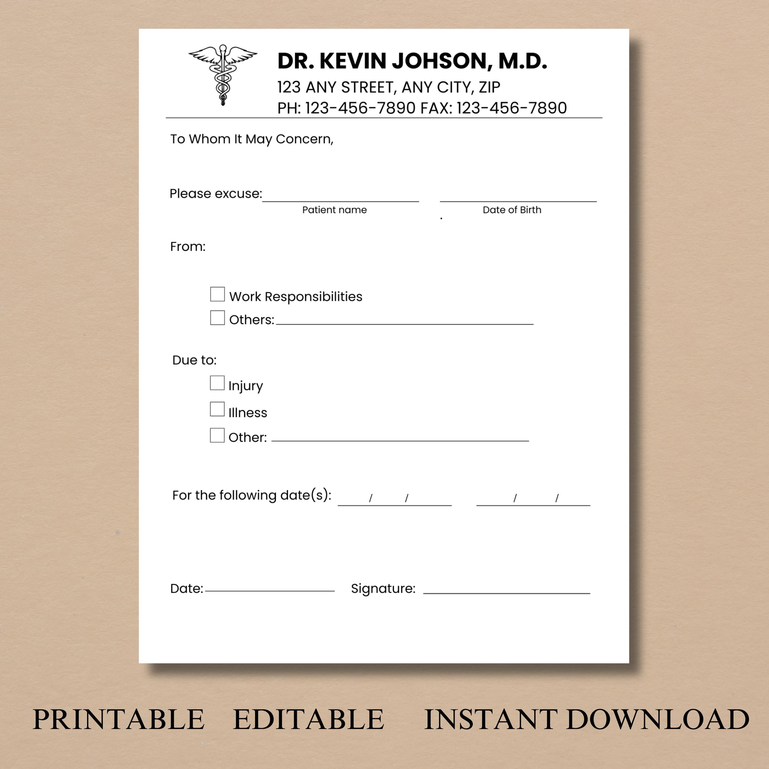 Editable Doctor Excuse Note for Work, Doctor's Note Template, Doctor ...