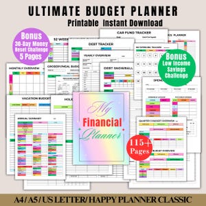 May include: A collection of printable budget planner pages. The cover of the planner is a pastel rainbow with the text "My Financial Planner". Additional pages include debt trackers, savings challenges, and monthly overviews. The text "ULTIMATE BUDGET PLANNER" is at the top.