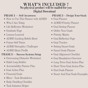 May include: Digital download graphic listing the contents of a planner. The text is in black on a cream background. The planner includes sections on self-awareness, goal setting, and success systems, with worksheets and planning tools.