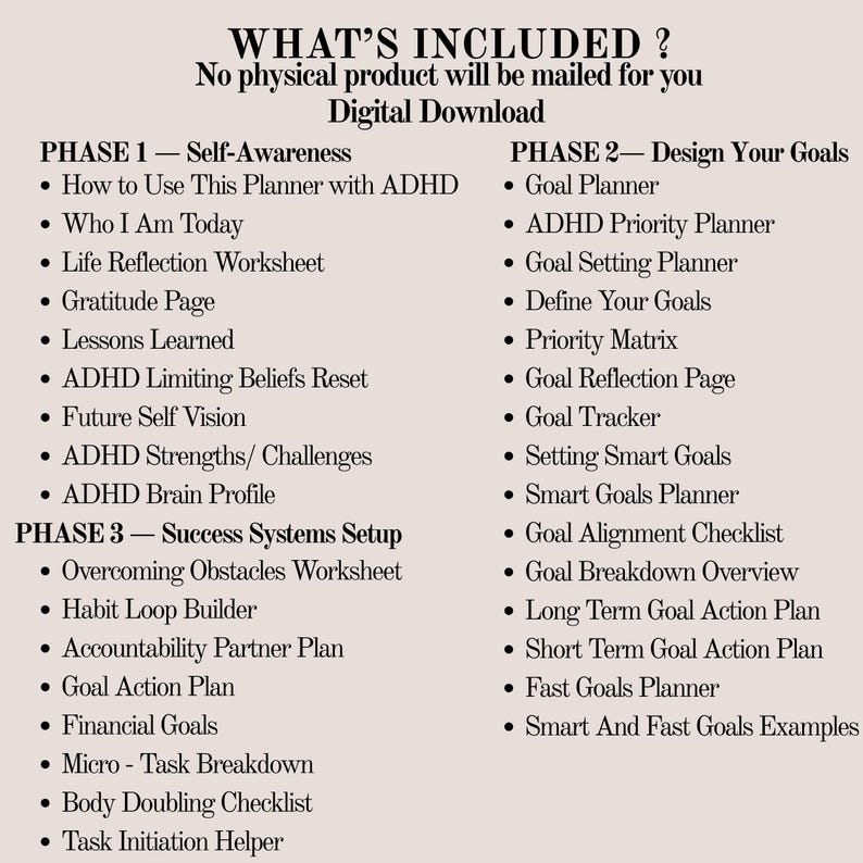 May include: Digital download graphic listing the contents of a planner. The text is in black on a cream background. The planner includes sections on self-awareness, goal setting, and success systems, with worksheets and planning tools.