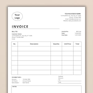 Könnte beinhalten: Eine leere Rechnungsvorlage mit den Worten "INVOICE" und "Your Logo" oben. Die Rechnung enthält Felder für Kundeninformationen, Artikelbeschreibungen, Mengen, Einzelpreise und Gesamtbeträge. Sie hat auch Abschnitte für Zahlungsinformationen und Notizen.