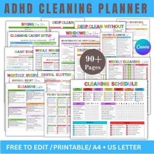 May include: A collection of ADHD cleaning planner pages featuring colorful headers and checklists. The documents include titles like Cleaning Caddy Setup, Weekly Cleaning Schedule, and Yearly Cleaning. A circular badge displays 90+ Pages.