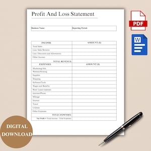 May include: A black and white printable profit and loss statement template. The template includes sections for income, expenses, and total revenue. The document is labeled "Profit And Loss Statement".