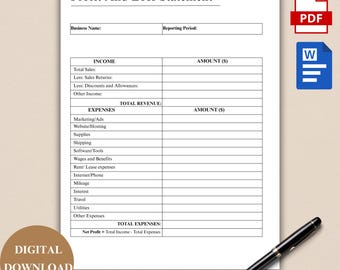 Profit and Loss Statement Template, Small Business Income Statement, Bookkeeping, Editable PDF, Word. Instant Download, Expense, Income.