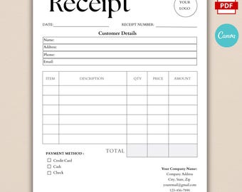 Bearbeitbare Quittungsvorlage, digitale Quittung für kleine Unternehmen, druckbare Quittung, Verkaufsquittung, bearbeitbare Canva Receipt, sofortiger Download