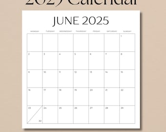 2025 Calendar, 2025 Monthly Planner, Wall Calendar, Printable PDF, Desk Calendar, Minimalist Calendar, 12x12 Inches