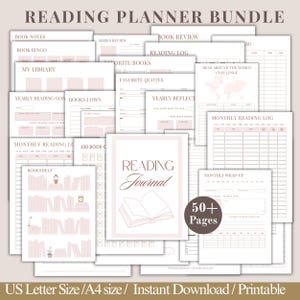 May include: A bundle of printable reading planner pages in pink and white. The pages include sections for book reviews, reading logs, and goal tracking. The central page features the text "Reading Journal" and an illustration of an open book. The bundle includes over 50 pages.