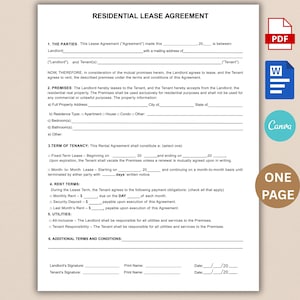 One-Page Rental Agreement, Editable Lease Agreement Template, Printable Residential Housing Agreement, Landlord Forms, PDF, Word