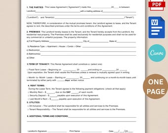One-Page Rental Agreement, Editable Lease Agreement Template, Printable Residential Housing Agreement, Landlord Forms, PDF, Word