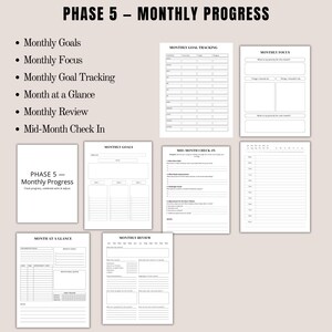 May include: A collection of white paper pages with black text, designed for monthly planning and goal tracking. The pages include sections for goals, focus, tracking, and reviews. The title "PHASE 5 - MONTHLY PROGRESS" is displayed at the top.