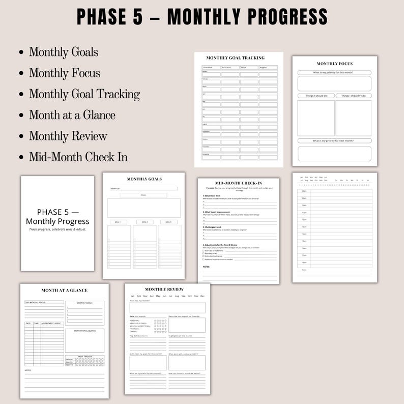 May include: A collection of white paper pages with black text, designed for monthly planning and goal tracking. The pages include sections for goals, focus, tracking, and reviews. The title "PHASE 5 - MONTHLY PROGRESS" is displayed at the top.