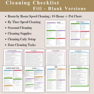 May include: A collection of printable cleaning checklists with headings such as "Room by Room Speed Cleaning" and "Cleaning Supplies." The checklists are organized by room and task, with a neutral color palette and fill-in-the-blank sections.