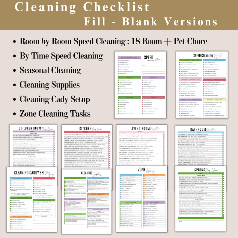 May include: A collection of printable cleaning checklists with headings such as "Room by Room Speed Cleaning" and "Cleaning Supplies." The checklists are organized by room and task, with a neutral color palette and fill-in-the-blank sections.