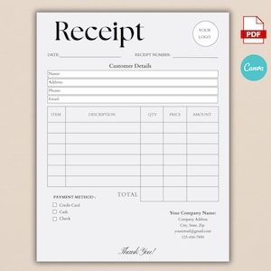 Editable Receipt Template, Small Business Digital Receipt, Printable Receipt, Sales Receipt, Editable Canva Receipt, Instant Download