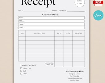 Bearbeitbare Quittungsvorlage, digitale Quittung für kleine Unternehmen, druckbare Quittung, Verkaufsquittung, bearbeitbare Canva Receipt, sofortiger Download