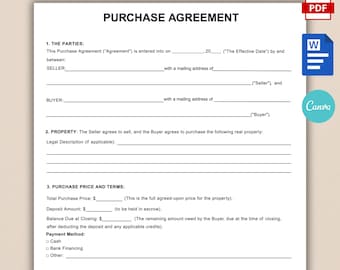 Printable Purchase Agreement Template, Purchase and Sale Contract, Contract of Sales, Property Purchase agreement, PDF, Word, Editable Canva