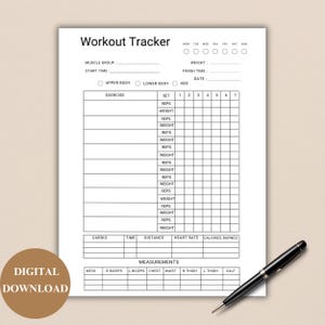 Op de afbeelding: Een printbare workout tracker met secties voor spiergroep, starttijd, eindtijd, datum, oefening, set, herhalingen, gewicht, cardio, tijd, afstand, hartslag, verbrande calorieën en metingen. De tracker bevat een kalender om workouts per dag van de week bij te houden.