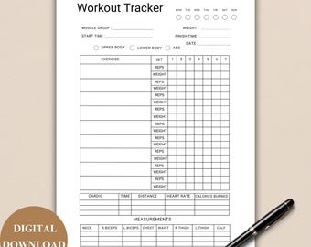 May include: Printable workout tracker with sections for muscle group, start time, finish time, date, exercise, set, reps, weight, cardio, time, distance, heart rate, calories burned, and measurements. The tracker includes a calendar for tracking workouts by day of the week.
