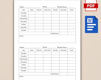 Printable Time Sheet Log, Employee Time Sheet, Weekly Timesheet log, Time Card, Work Hours, Staff Management, PDD & WORD. A4/Letter Sizes