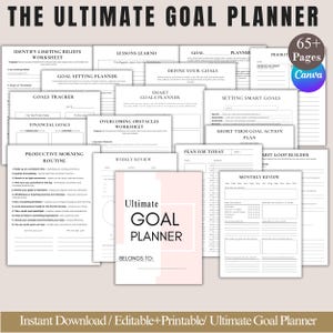 Könnte beinhalten: Eine Sammlung druckbarer Planerseiten mit dem Titel "THE ULTIMATE GOAL PLANNER". Die Seiten enthalten Arbeitsblätter für die Zielsetzung, -verfolgung und die Überwindung von Hindernissen. Der Planer hat über 65 Seiten und ist sofort verfügbar.