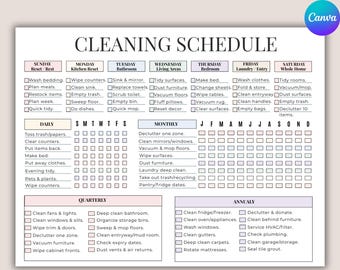 Editable Cleaning Schedule, Cleaning Checklist, Cleaning Planner, Household Daily Weekly Monthly Yearly, Home Cleaning Planner, Printable