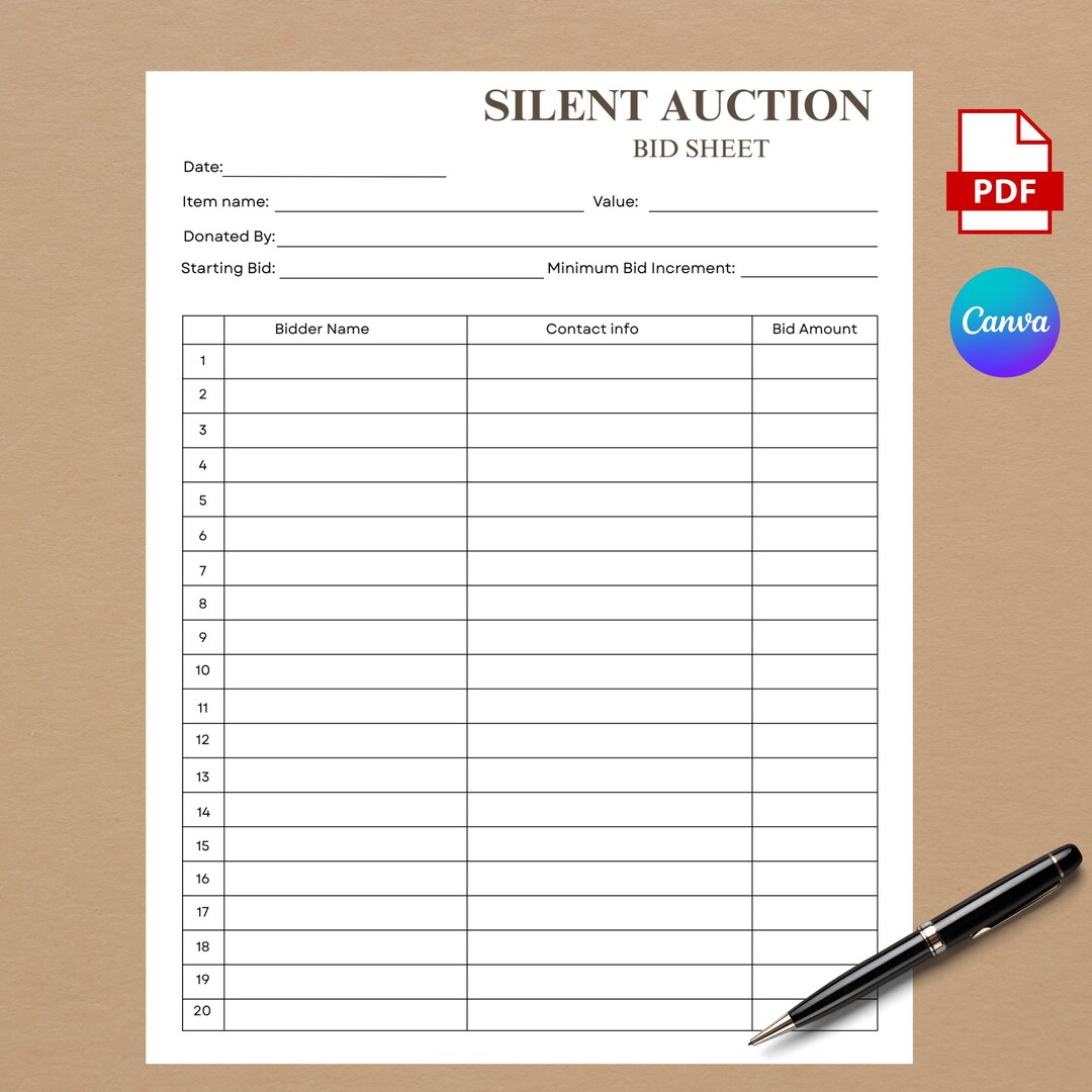 Silent Auction Bid Sheet, Silent Auction Sign up Sheet, Silent Auction ...