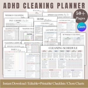 Op de afbeelding: Een verzameling afdrukbare ADHD-schoonmaakplanners met verschillende lay-outs, waaronder wekelijkse, dagelijkse en snelle schoonmaakroosters. De pagina's bevatten checklists, taaklijsten en secties voor huisonderhoud en wasroutines. De tekst bevat "ADHD Cleaning Planner" en "Instant Download".