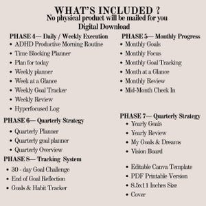May include: Digital download with a list of included items. Includes daily, weekly, monthly, and quarterly planning tools. Features an editable Canva template, PDF printable version, and is 8.5x11 inches in size.
