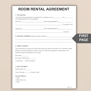 May include: A white document titled "ROOM RENTAL AGREEMENT" with fillable fields for landlord, tenant, property address, and rental terms. The document includes the text "FIRST PAGE".