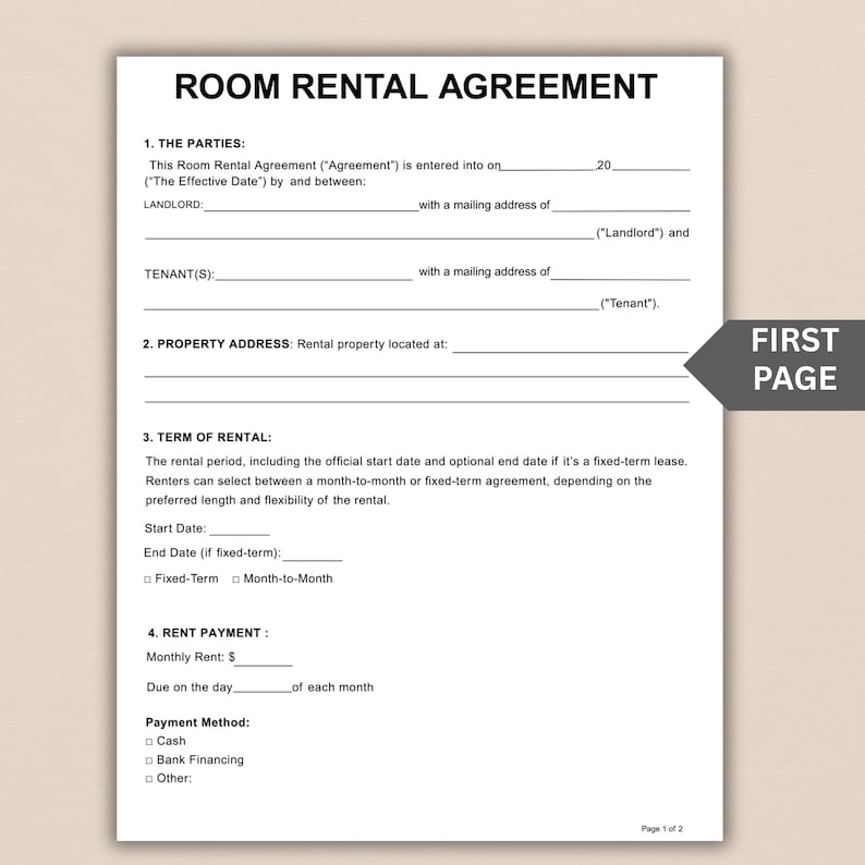 May include: A white document titled "ROOM RENTAL AGREEMENT" with fillable fields for landlord, tenant, property address, and rental terms. The document includes the text "FIRST PAGE".