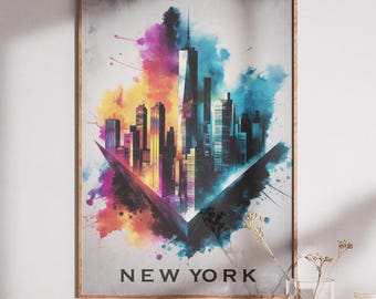 Póster de viaje de Nueva York, arte digital imprimible, póster de Nueva York, estilo acuarela, arte mural imprimible, arte mural para dormitorio